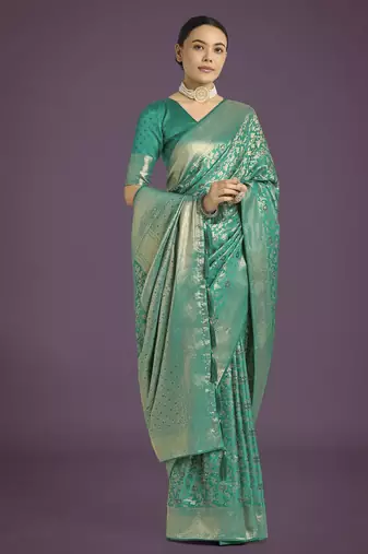 teal green silk blend banarasi jacuard work saree with unstitched blouse piece