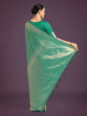 teal green silk blend banarasi jacuard work saree with unstitched blouse piece 3