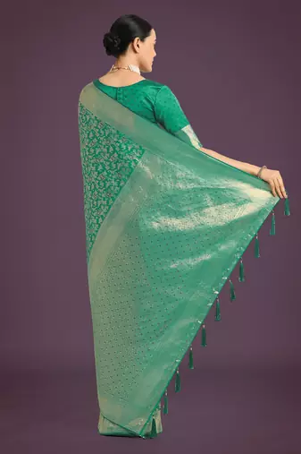 teal green silk blend banarasi jacuard work saree with unstitched blouse piece
