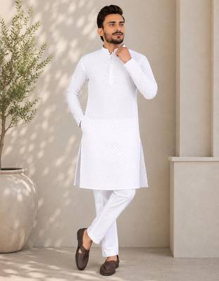 White color traditional chikankari embroidery cotton men's kurta payjama set 2
