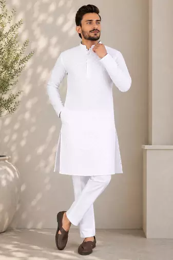 White color traditional chikankari embroidery cotton men's kurta payjama set