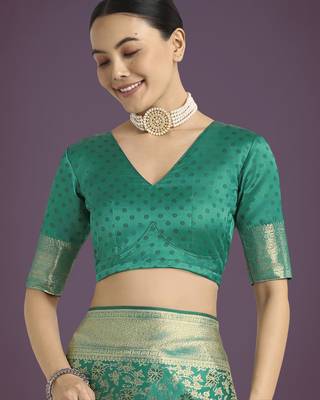 teal green silk blend banarasi jacuard work saree with unstitched blouse piece 5