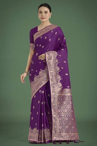 wine silk blend banarasi jacuard work saree with unstitched blouse piece