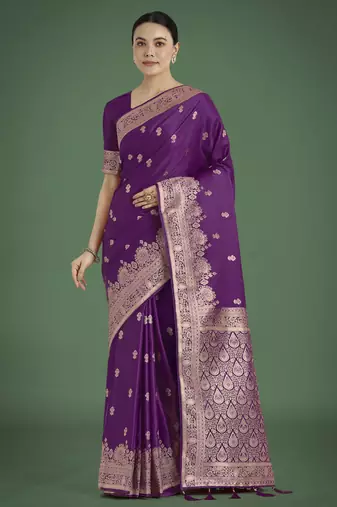 wine silk blend banarasi jacuard work saree with unstitched blouse piece
