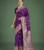 wine silk blend banarasi jacuard work saree with unstitched blouse piece