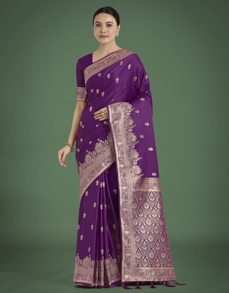 wine silk blend banarasi jacuard work saree with unstitched blouse piece