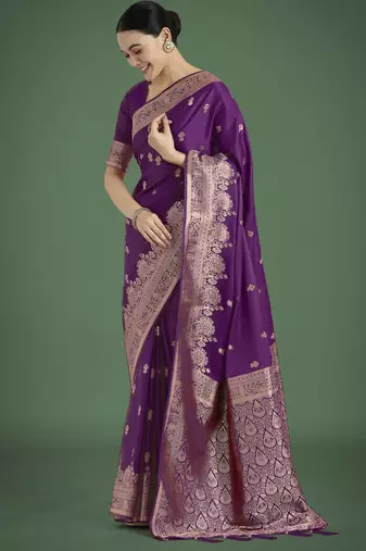 wine silk blend banarasi jacuard work saree with unstitched blouse piece