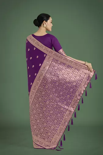 wine silk blend banarasi jacuard work saree with unstitched blouse piece