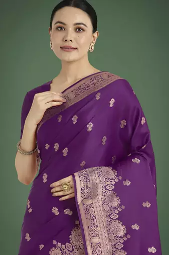 wine silk blend banarasi jacuard work saree with unstitched blouse piece