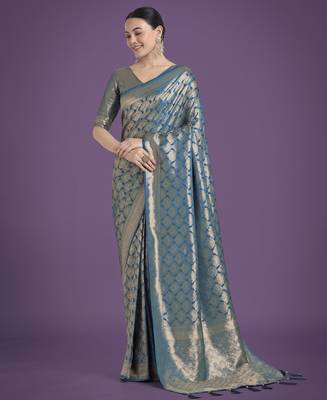 rama silk blend banarasi jacuard work saree with unstitched blouse piece 1