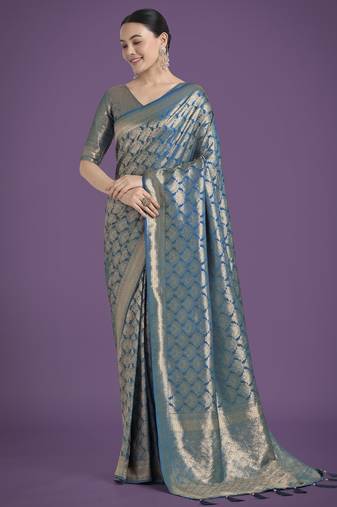 rama silk blend banarasi jacuard work saree with unstitched blouse piece