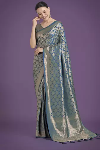 rama silk blend banarasi jacuard work saree with unstitched blouse piece