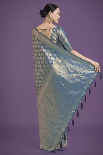 rama silk blend banarasi jacuard work saree with unstitched blouse piece