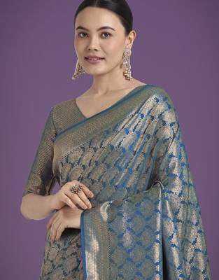 rama silk blend banarasi jacuard work saree with unstitched blouse piece 4