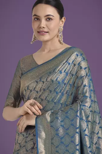 rama silk blend banarasi jacuard work saree with unstitched blouse piece