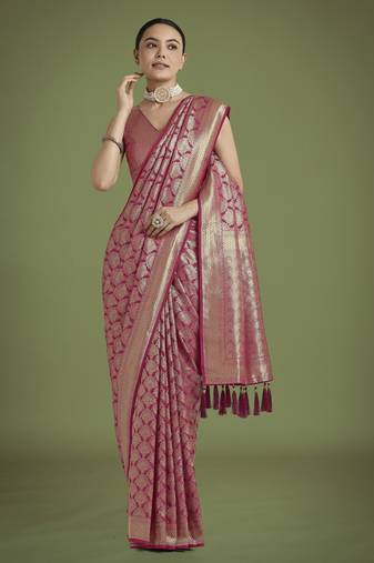 pink silk blend banarasi jacuard work saree with unstitched blouse piece