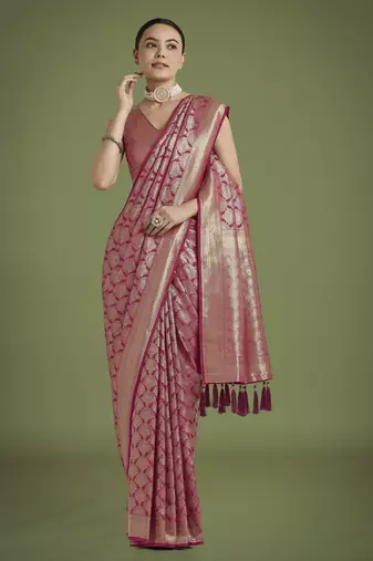 pink silk blend banarasi jacuard work saree with unstitched blouse piece