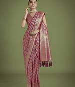 pink silk blend banarasi jacuard work saree with unstitched blouse piece