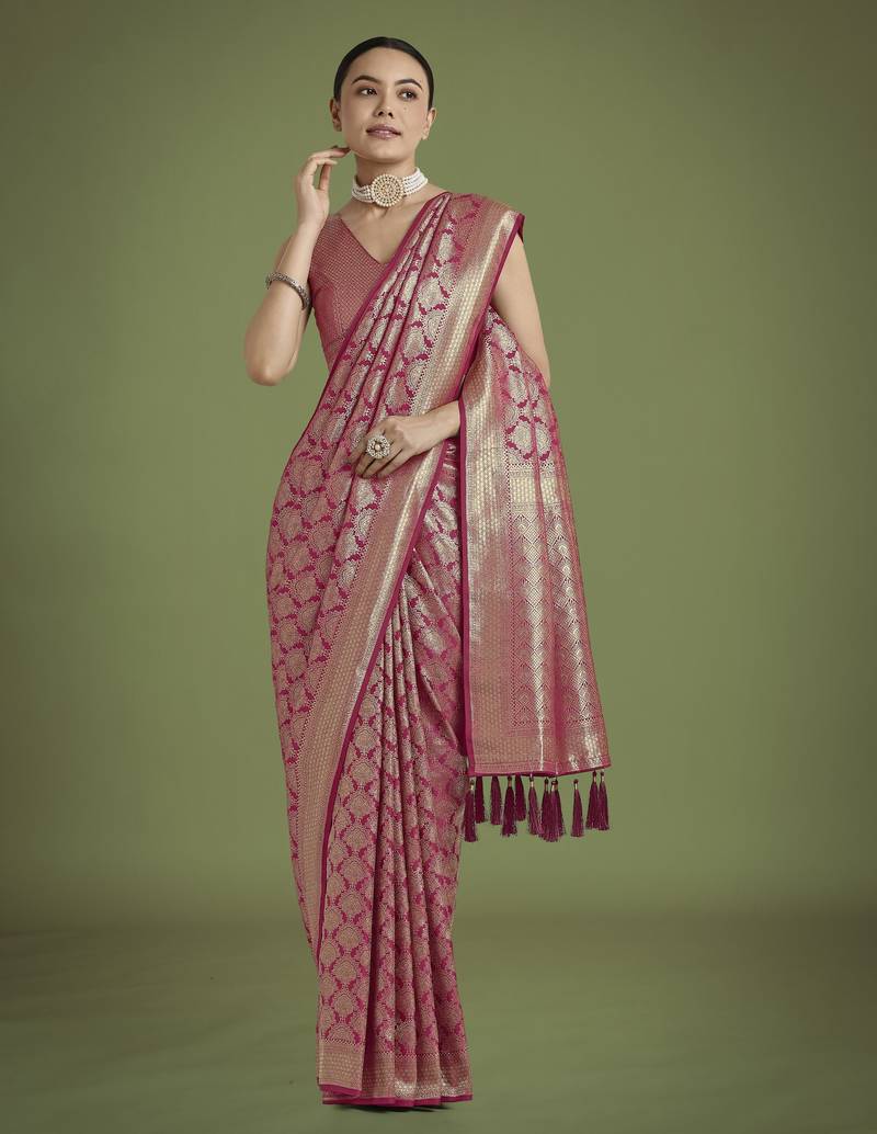 pink silk blend banarasi jacuard work saree with unstitched blouse piece