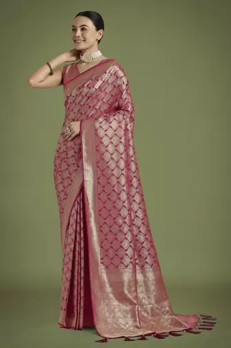 pink silk blend banarasi jacuard work saree with unstitched blouse piece