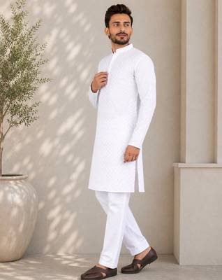 White color traditional chikankari embroidery cotton men's kurta payjama set 3