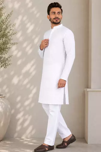 White color traditional chikankari embroidery cotton men's kurta payjama set