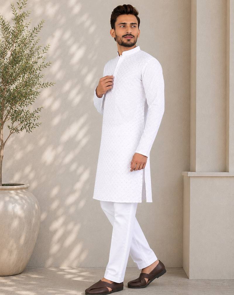 White color traditional chikankari embroidery cotton men's kurta payjama set