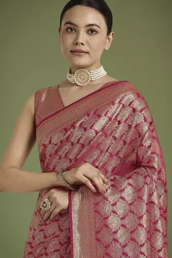 pink silk blend banarasi jacuard work saree with unstitched blouse piece