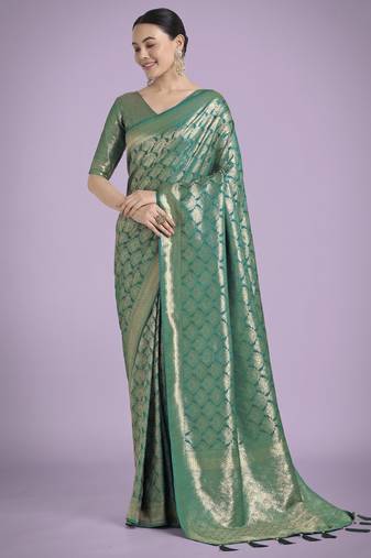 teal green silk blend banarasi jacuard work saree with unstitched blouse piece