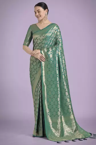 teal green silk blend banarasi jacuard work saree with unstitched blouse piece