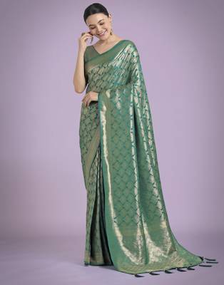 teal green silk blend banarasi jacuard work saree with unstitched blouse piece 2