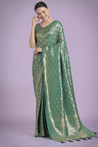 teal green silk blend banarasi jacuard work saree with unstitched blouse piece