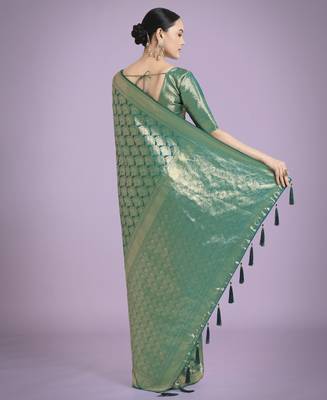 teal green silk blend banarasi jacuard work saree with unstitched blouse piece 3