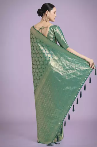 teal green silk blend banarasi jacuard work saree with unstitched blouse piece