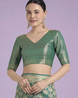 teal green silk blend banarasi jacuard work saree with unstitched blouse piece 5