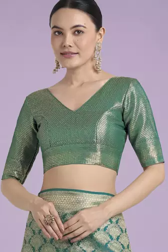 teal green silk blend banarasi jacuard work saree with unstitched blouse piece