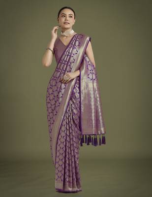 wine silk blend banarasi jacuard work saree with unstitched blouse piece 1