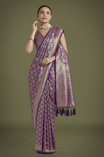 wine silk blend banarasi jacuard work saree with unstitched blouse piece