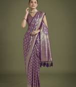 wine silk blend banarasi jacuard work saree with unstitched blouse piece