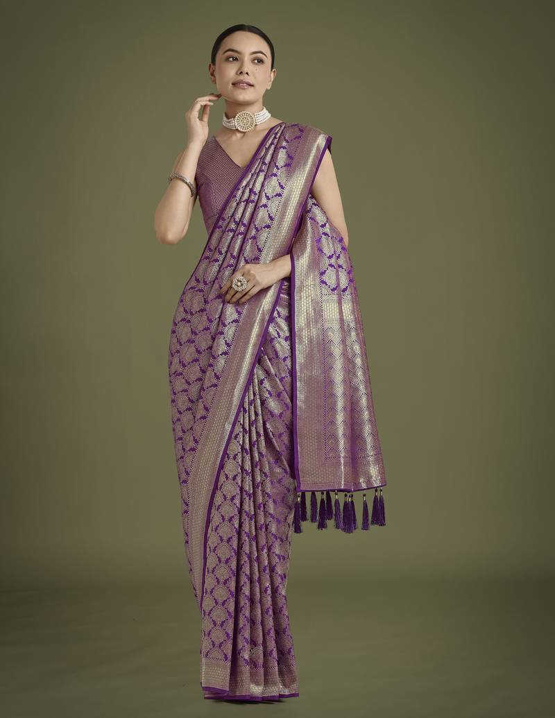 wine silk blend banarasi jacuard work saree with unstitched blouse piece