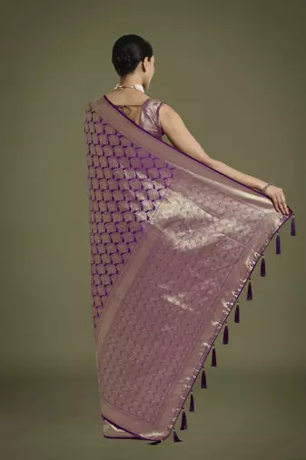 wine silk blend banarasi jacuard work saree with unstitched blouse piece