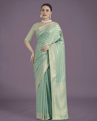 rama silk blend banarasi jacuard work saree with unstitched blouse piece 1