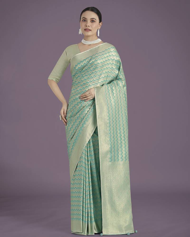 rama silk blend banarasi jacuard work saree with unstitched blouse piece