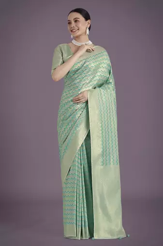 rama silk blend banarasi jacuard work saree with unstitched blouse piece