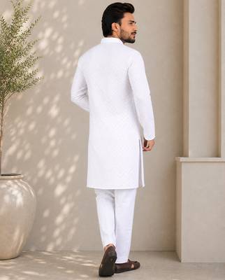 White color traditional chikankari embroidery cotton men's kurta payjama set 4