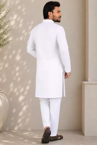 White color traditional chikankari embroidery cotton men's kurta payjama set
