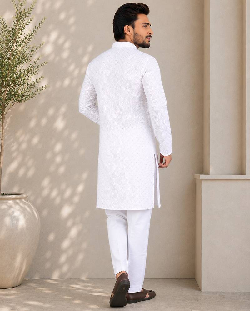 White color traditional chikankari embroidery cotton men's kurta payjama set