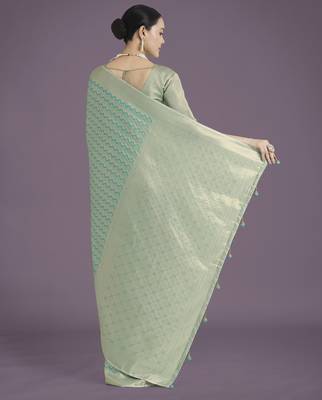 rama silk blend banarasi jacuard work saree with unstitched blouse piece 3