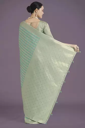 rama silk blend banarasi jacuard work saree with unstitched blouse piece
