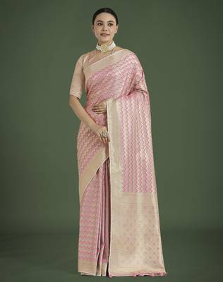 pink silk blend banarasi jacuard work saree with unstitched blouse piece 1